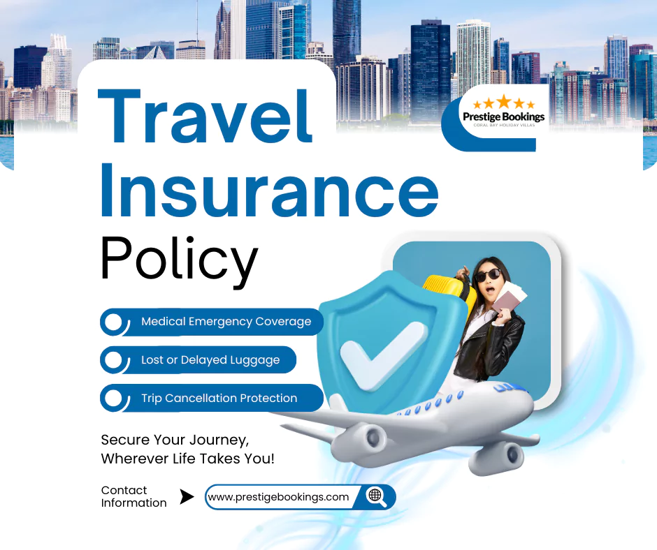 Image of a happy family at an airport, each member displaying a travel insurance policy on their smartphones while checking in for their flight.