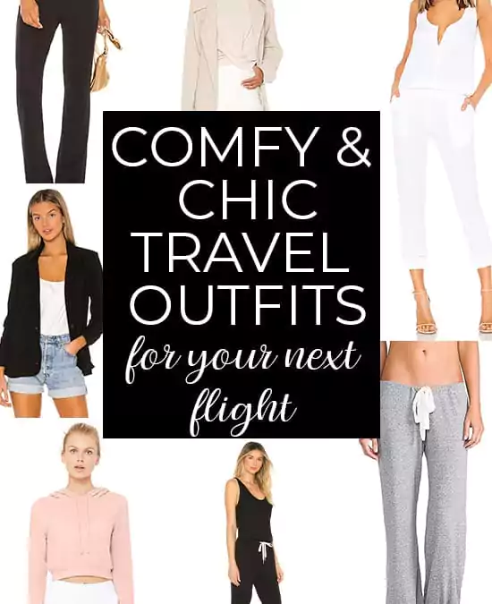 Flat lay of comfy travel outfits, highlighting reasons to wear them: comfort for long flights, ease of movement, stylish yet practical designs, and versatile accessories for any journey.