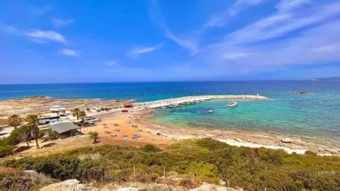 A view of the Agios Georgios fishing shelter in Paphos, showing boats docked along the harbor with coastal scenery in the background.