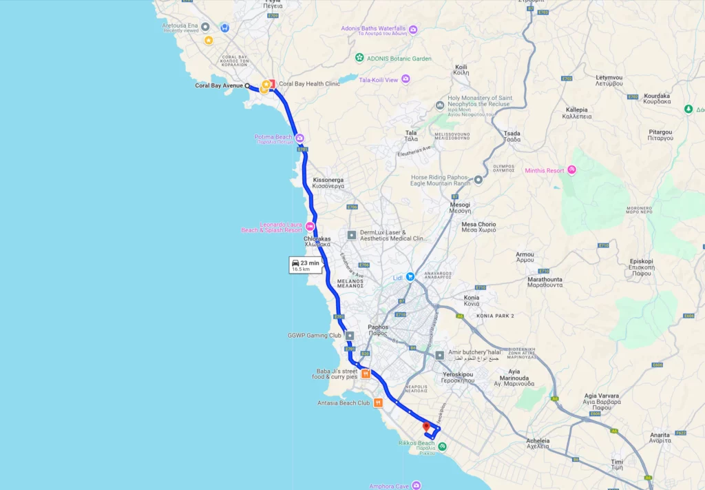Map showing the location of Aphrodite Waterpark in Paphos, Cyprus, highlighting nearby landmarks and main roads.