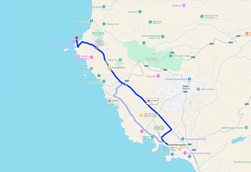 Map of the route from Coral Bay Avenue to Agios Georgios in Paphos, showing the main roads and landmarks.