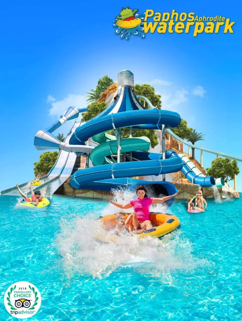 A vibrant photo of Aphrodite Waterpark in Paphos, featuring colorful water slides, wave pools, and families enjoying the attractions.