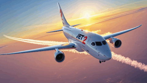 A Jet2 aircraft with a stunning sunset in the background, showcasing vibrant orange, pink, and purple hues.