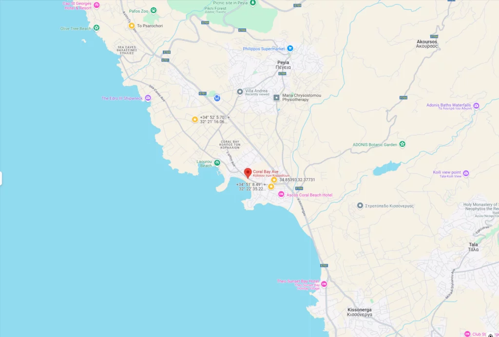 Map highlighting the location of Coral Bay Avenue, showing nearby landmarks and routes leading to the Coral Bay Street Festival.