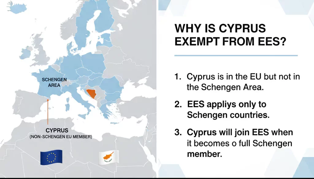 Infographic explaining why Cyprus is not included in the EU’s Entry/Exit System (EES), with maps and a large red X over Cyprus.