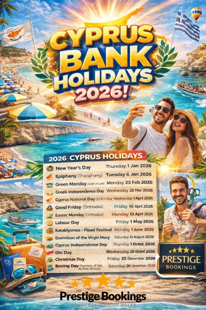 Colorful promotional infographic titled “Cyprus Bank Holidays 2026” featuring Coral Bay beach scenes, a list of 2026 Cyprus public holidays, and a five-star Prestige Bookings logo.