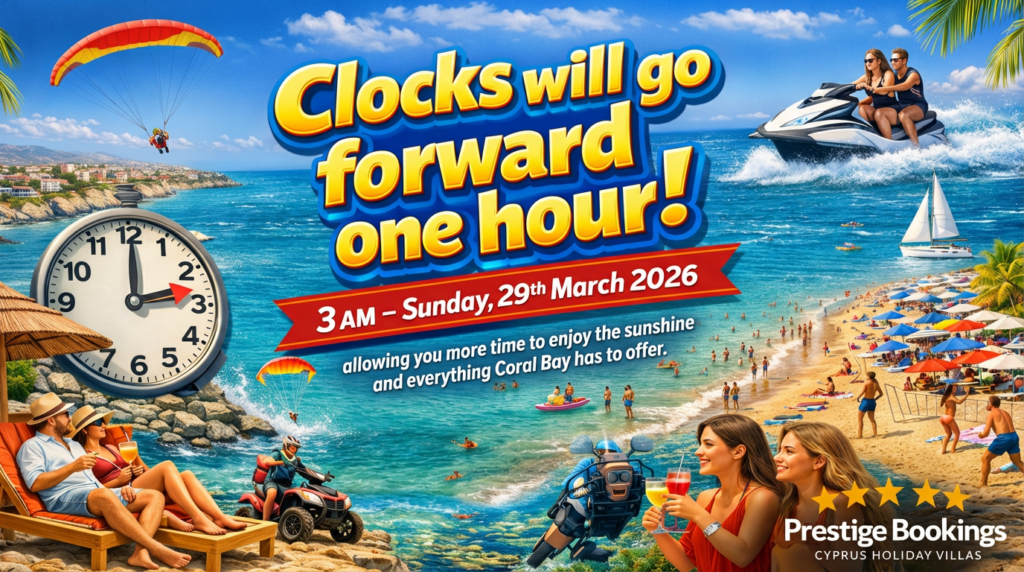 Promotional beach scene showing a large clock and bold text announcing clocks moving forward one hour at 3 AM on Sunday, 29th March 2026, with people enjoying a sunny seaside and water activities.