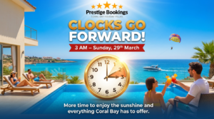 Promotional image of a seaside villa with people relaxing by a pool, a large clock showing time change, and text announcing clocks going forward at 3 AM on Sunday, 29th March.