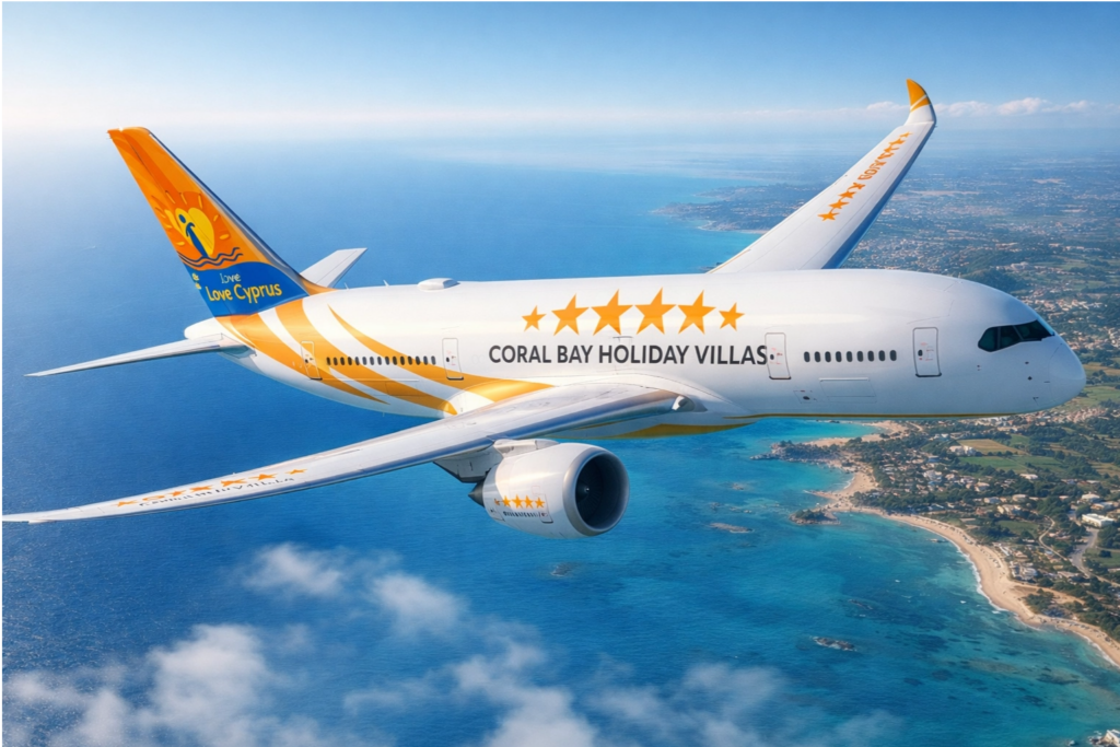 Commercial airplane branded “Coral Bay Holiday Villas” flying over a turquoise coastline with beaches and coastal towns below.