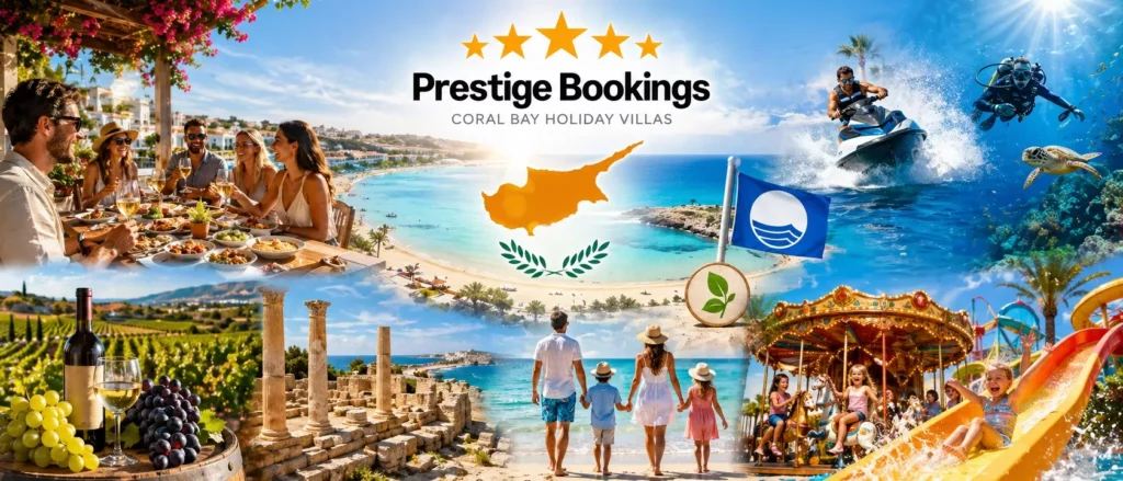 Promotional collage of Cyprus showing beaches, family holiday scenes, water sports, historic ruins, vineyards, and landscapes with Prestige Cyprus Holiday Villas branding.