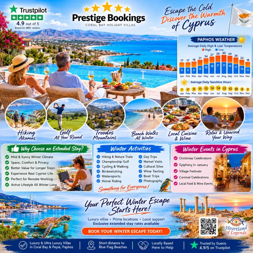 A colourful travel infographic promoting winter holidays in Cyprus, featuring luxury villas in Coral Bay and Paphos, sunny Mediterranean scenery, winter weather charts, outdoor activities, local cuisine, cultural events, and a 4.9/5 Trustpilot rating from Prestige Bookings.