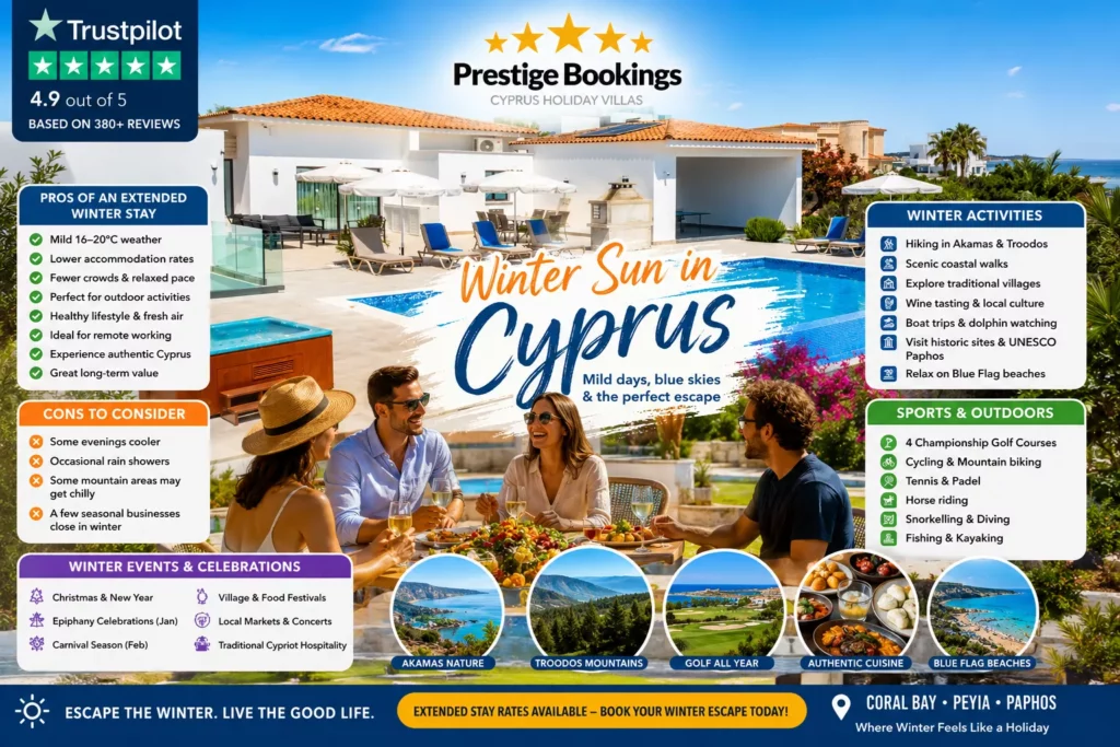 An informative travel infographic promoting winter holidays in Cyprus, featuring luxury villas in Coral Bay and Paphos, warm winter weather, outdoor activities, local cuisine, cultural events, and the benefits of an extended stay with Prestige Bookings.