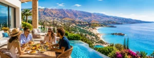 Luxury villa terrace overlooking Coral Bay and the Mediterranean Sea in Cyprus, with guests enjoying outdoor dining beside a private infinity pool on a warm winter's day, surrounded by sunshine, coastal scenery and mountain views.