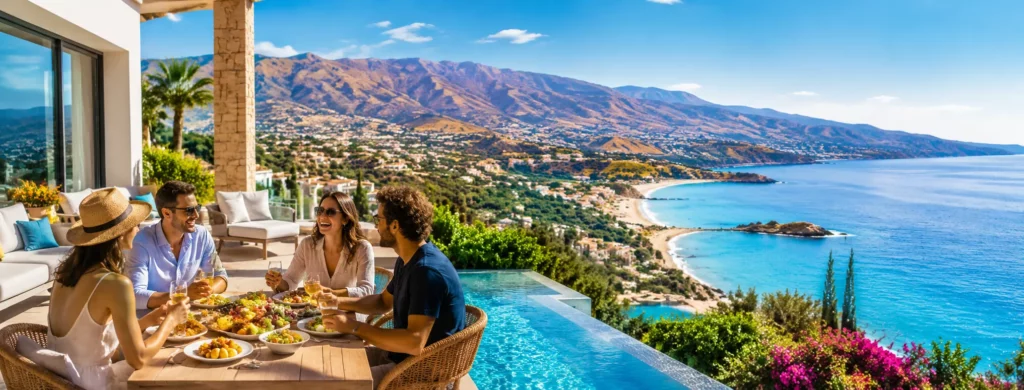 Luxury villa terrace overlooking Coral Bay and the Mediterranean Sea in Cyprus, with guests enjoying outdoor dining beside a private infinity pool on a warm winter's day, surrounded by sunshine, coastal scenery and mountain views.