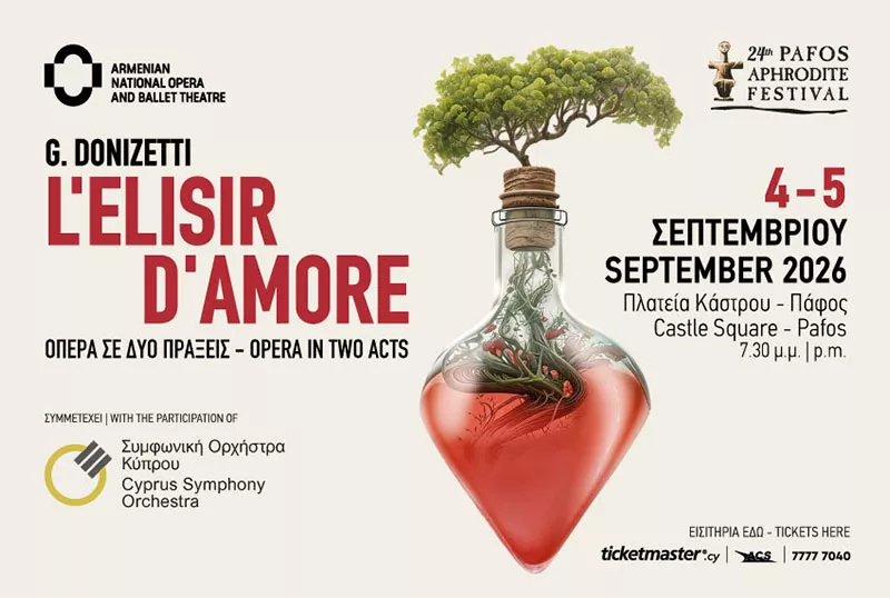 Official poster for Donizetti’s L’Elisir d’Amore at the 24th Pafos Aphrodite Festival, Paphos Castle Square, 4–5 September 2026.